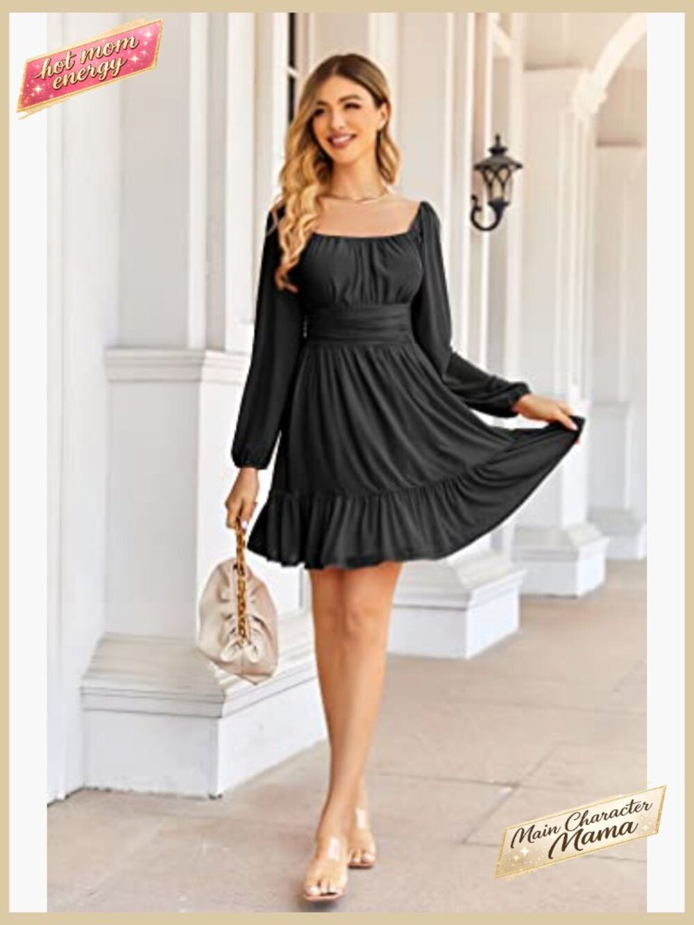 Mesh Long Sleeve Square Neck Mini Dress Ruffle Hem High Waist A-Line Flowy Party - Picture 5 of 7